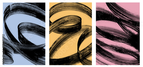 Black distressed grainy high texture in various squiggle shapes set. Disintegration, halftone effect,vector bold brush strokes. Template dust overlay distress grain texture for modern grunge posters.