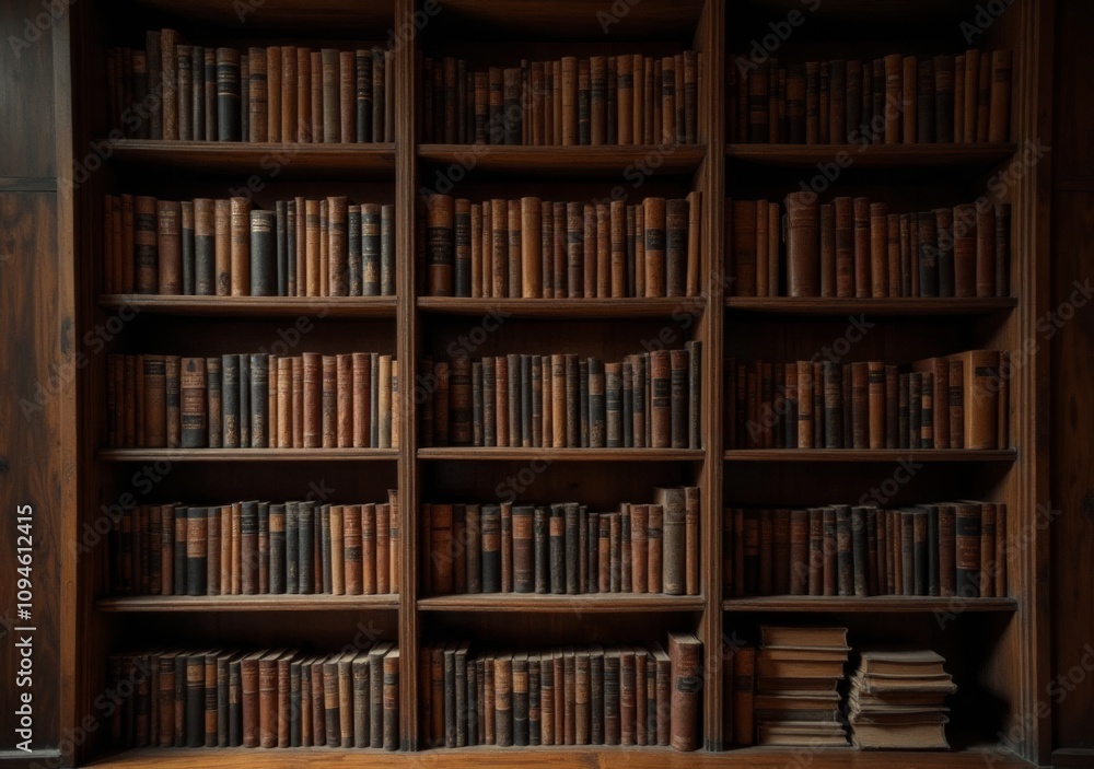 Beautiful wooden bookshelves filled with various bound books in a cozy library setting during the afternoon Beautiful wooden bookshelves filled with various bound books in a cozy library setting during the afternoon