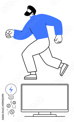 Man running energetically, lightbulb emitting dollar coins, and television below. Ideal for energy conservation, finance, productivity, modern living, tech innovation, active lifestyle and cost