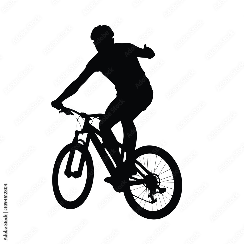 Naklejka premium A man is riding a bicycle. He is wearing a helmet. He is giving a thumbs up