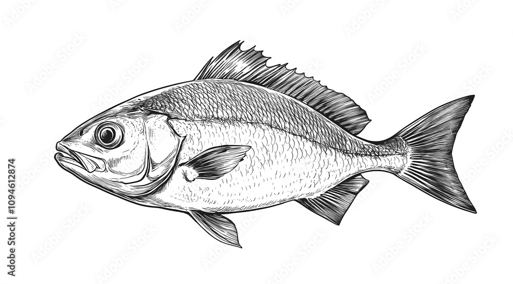 Obraz premium Fish sketch dorado gilt-head bream. Vintage retro print, black white gilt-head bream fish sketch ink pencil style drawing, linear drawing, engrave old school. Sketch artwork dorado fish. Illustration