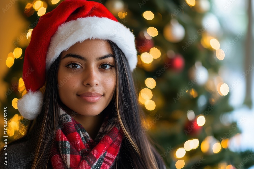Portrait of a Latina woman with long straight hair, wearing a red Santa hat and a plaid Christmas scarf, standing in front of a beautifully lit Christmas tree, soft lighting, copy space, festive Portrait of a Latina woman with long straight hair, wearing a red Santa hat and a plaid Christmas scarf, standing in front of a beautifully lit Christmas tree, soft lighting, copy space, festive