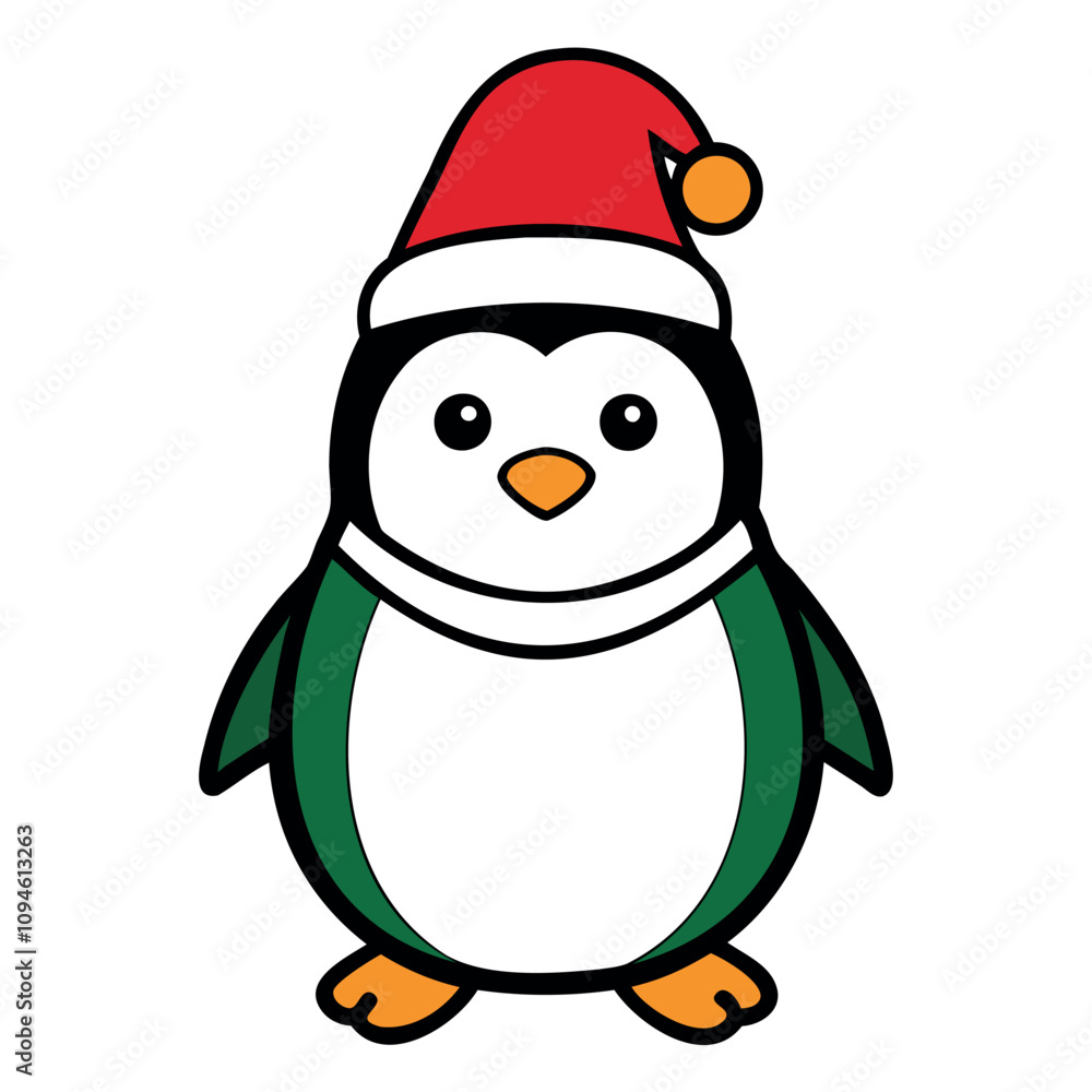 A cute Christmas penguin wearing a Santa Claus hat and scarf vector outline or Silhouette isolated on a white background A cute Christmas penguin wearing a Santa Claus hat and scarf vector outline or Silhouette isolated on a white background