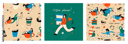 People enjoying coffee. Women and men holding takeaway mugs, paper cups. Characters drinking hot morning beverages, americano, cappuccino to go, in trendy retro style.