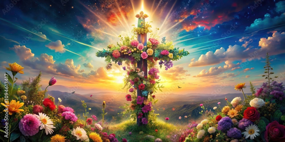 Naklejka premium Surreal Spiritual Cross with Vibrant Flowers - Symbol of Faith and Natural Beauty