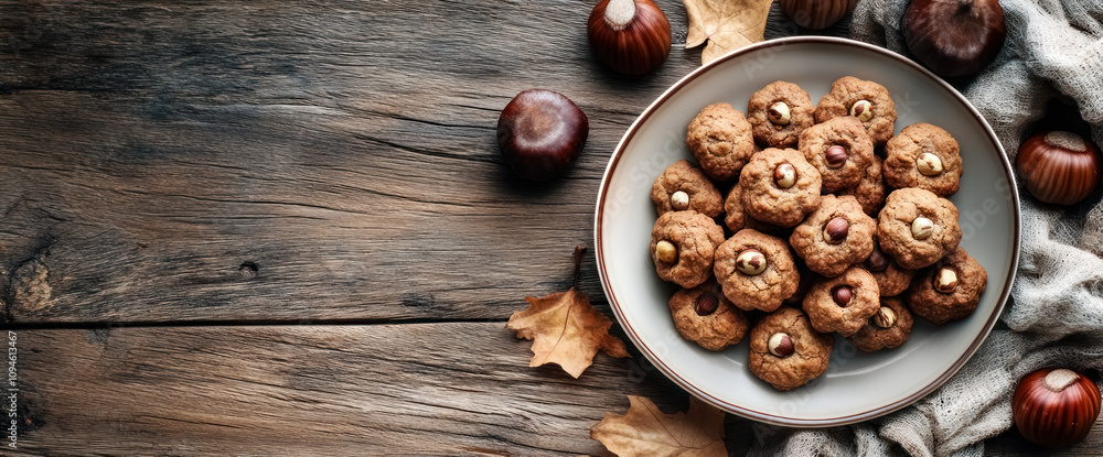 hazelnut cookies on a plate with autumn leaves and nuts hazelnut cookies on a plate with autumn leaves and nuts
