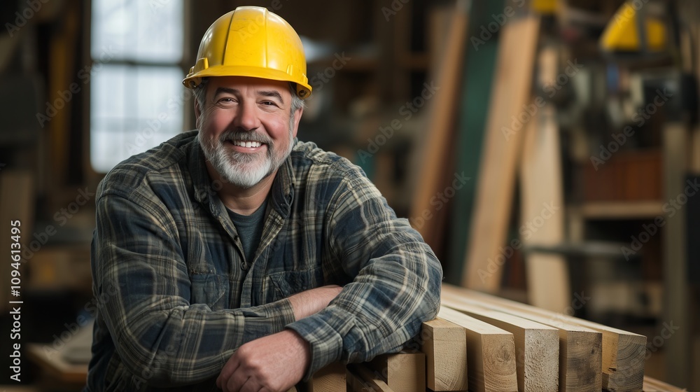 Smiling carpenter leaning on lumber in workshop Smiling carpenter leaning on lumber in workshop