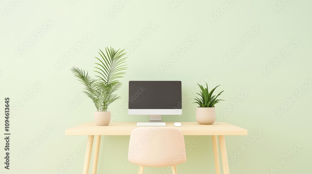 Fototapeta premium A minimalistic workspace featuring a computer on a light wooden desk, surrounded by potted plants against a soft green wall.