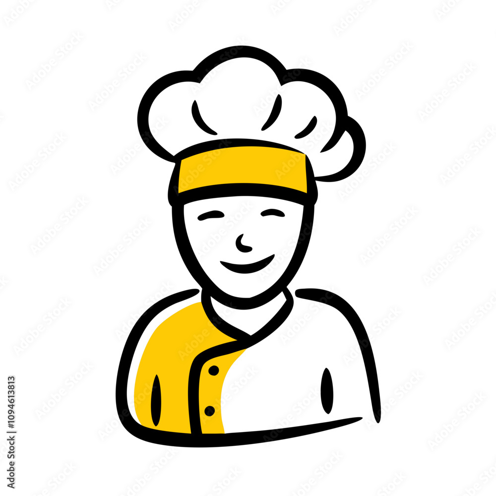 Happy chef mascot smiling with a traditional hat and colorful uniform representing the culinary profession and passion for cooking in a fun graphic style Happy chef mascot smiling with a traditional hat and colorful uniform representing the culinary profession and passion for cooking in a fun graphic style