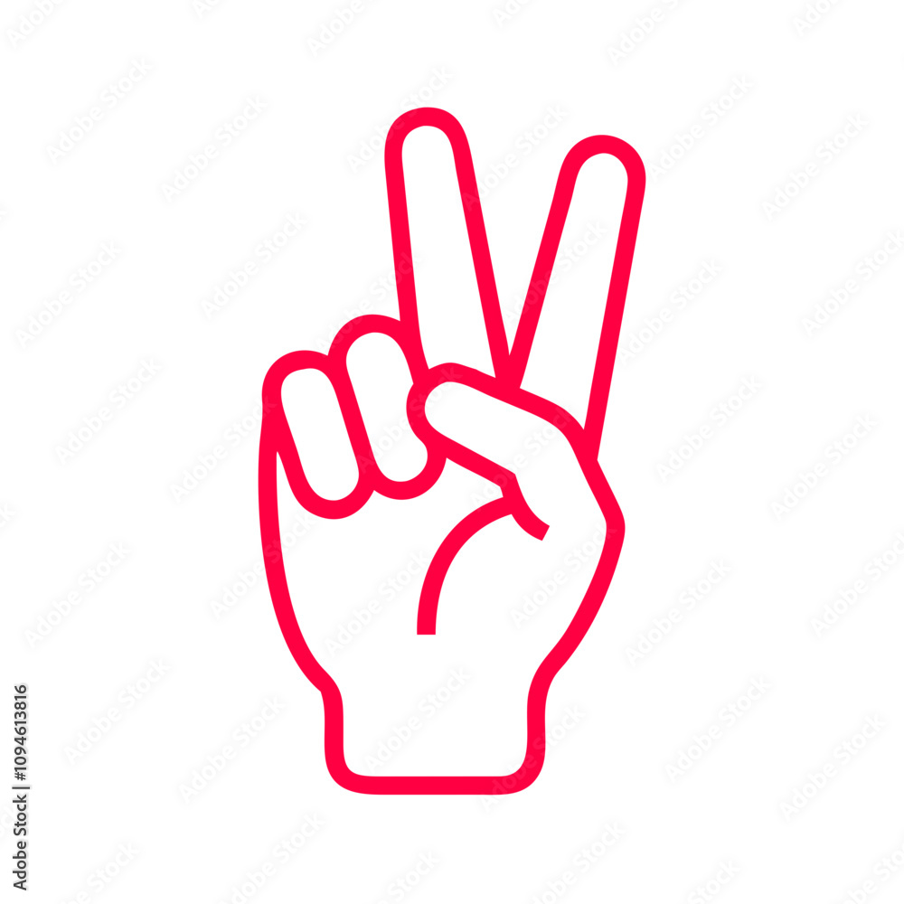 Hand gesture showing peace sign in simple red outline design suitable for various contexts and applications Hand gesture showing peace sign in simple red outline design suitable for various contexts and applications