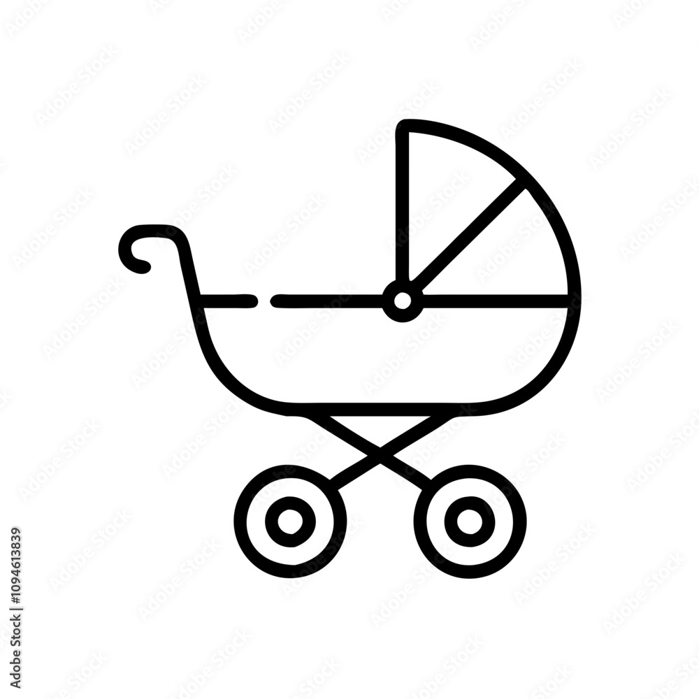Minimalist outline of a baby stroller in black and white on a simple background for parenting or childcare themes Minimalist outline of a baby stroller in black and white on a simple background for parenting or childcare themes
