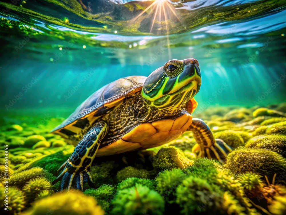 Turtle with Vibrant Green Shell Covered in Algae on Smooth Surface, Showcasing Aquatic Beauty and Nature's Harmony Turtle with Vibrant Green Shell Covered in Algae on Smooth Surface, Showcasing Aquatic Beauty and Nature's Harmony