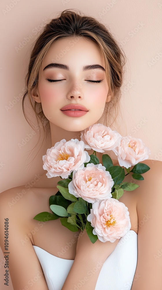 Elegant Woman Holding Pink Roses with Eyes Closed Against Soft Peach Background Elegant Woman Holding Pink Roses with Eyes Closed Against Soft Peach Background