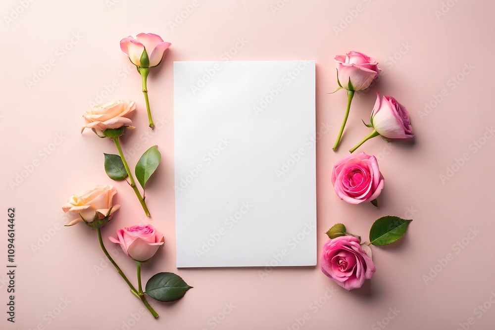 Mockup of a blank white sheet surrounded by pink and peach roses on a pastel pink background. Perfect for Valentine's Day branding, invitations, or romantic stationery design.