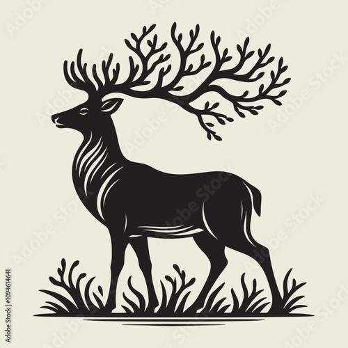 A drawing of a deer with antlers. Deer with a beige background.
