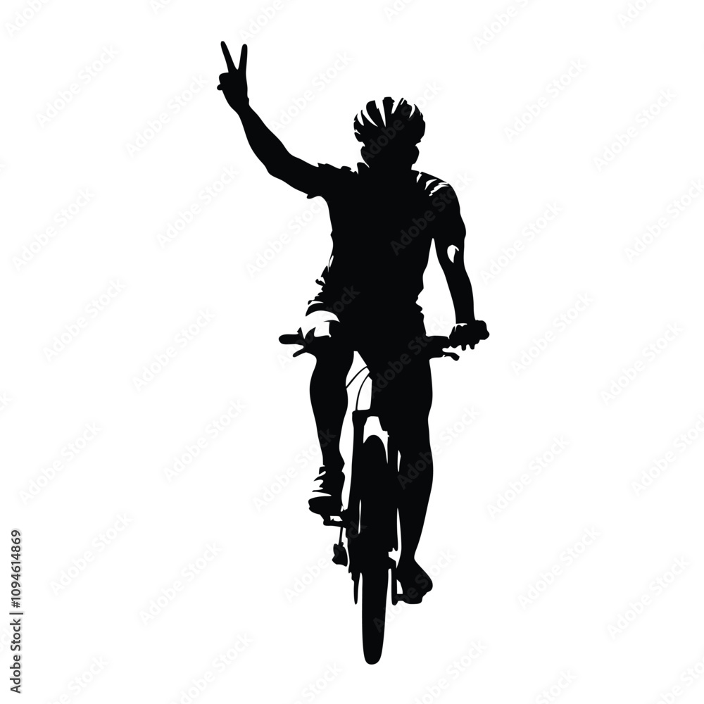 A man is riding a bicycle and is holding his hands up in the air. He is wearing a helmet A man is riding a bicycle and is holding his hands up in the air. He is wearing a helmet