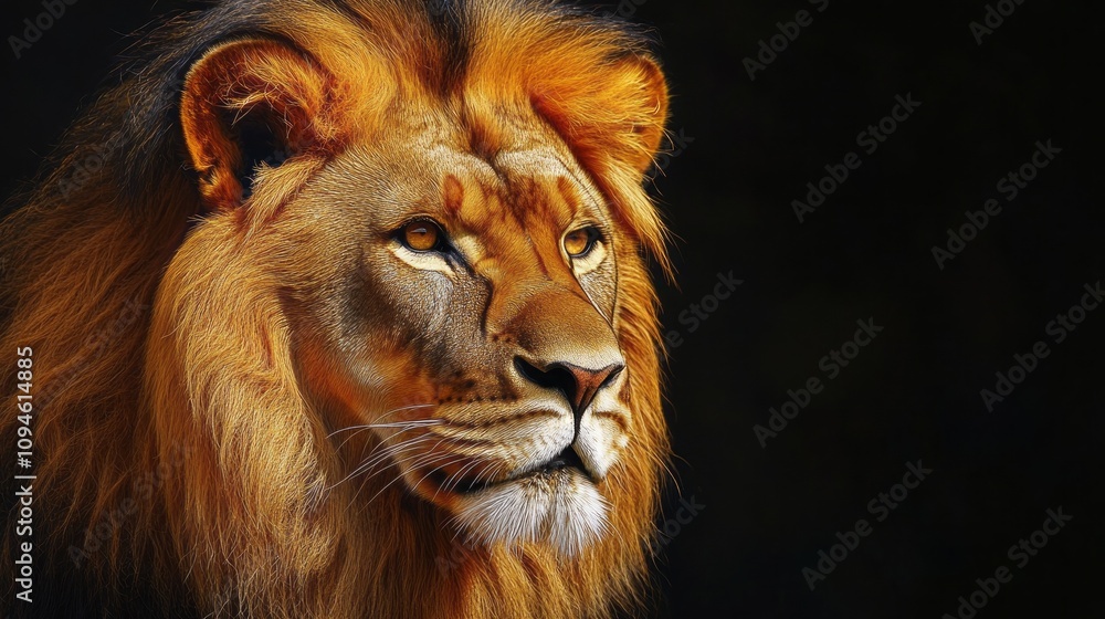 A lion with a long mane and a golden face. The lion is looking at the camera A lion with a long mane and a golden face. The lion is looking at the camera