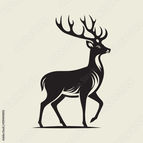 A drawing of a deer with antlers. Deer Silhouette with a beige background.