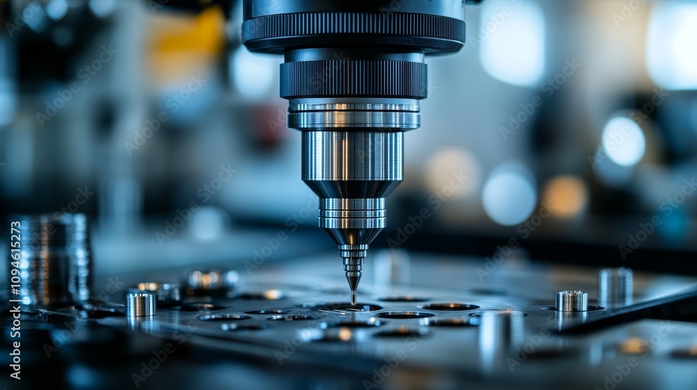 Close-up of a drill bit in a CNC machine, focused on the tip of the bit Close-up of a drill bit in a CNC machine, focused on the tip of the bit