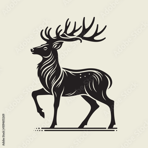 A drawing of a deer with antlers. Deer Silhouette with a beige background.