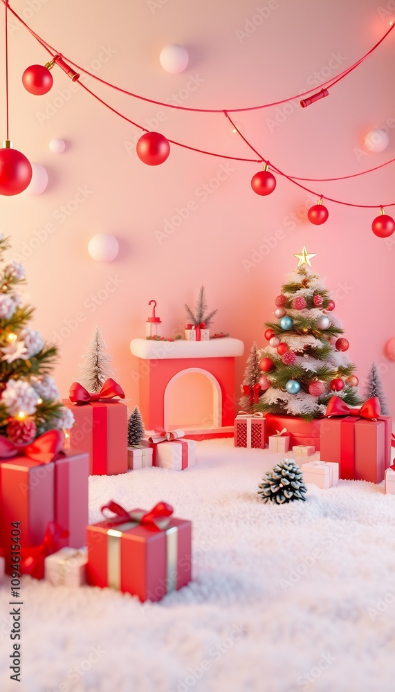 Festive Christmas scene with a decorated tree, gifts, and a fireplace in a snowy setting. Festive Christmas scene with a decorated tree, gifts, and a fireplace in a snowy setting.