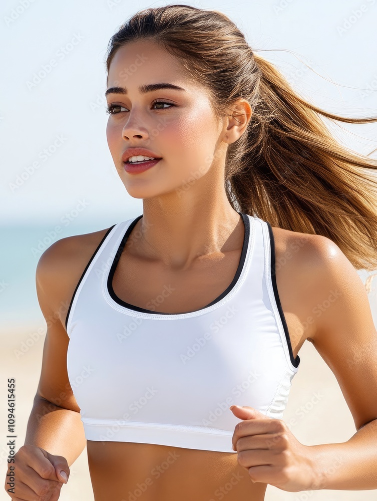 Energetic Young Woman Jogging on a Sunny Beach in Athletic Wear, Embracing a Healthy Lifestyle and Outdoor Fitness Routine Energetic Young Woman Jogging on a Sunny Beach in Athletic Wear, Embracing a Healthy Lifestyle and Outdoor Fitness Routine