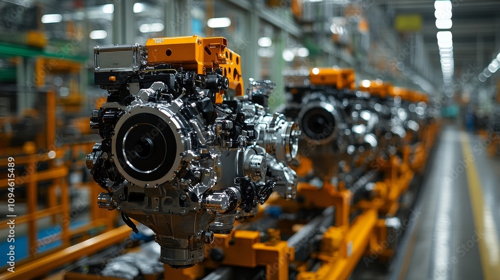 Assembly Line of Shiny New Automotive Engines Assembly Line of Shiny New Automotive Engines