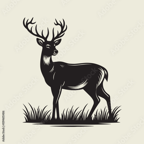 A drawing of a deer with antlers. Deer Silhouette with a beige background.