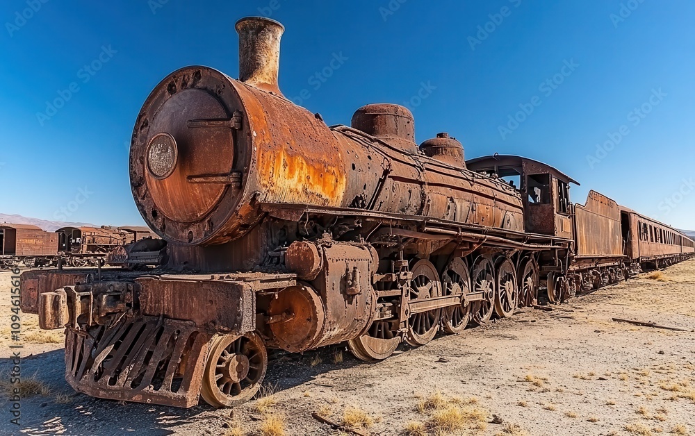 Naklejka premium A high-resolution photo of the wrecks of old steam locomotives at the Uyuni train graveyard in Villavicencio, Bolivia, set against a clear blue sky. 