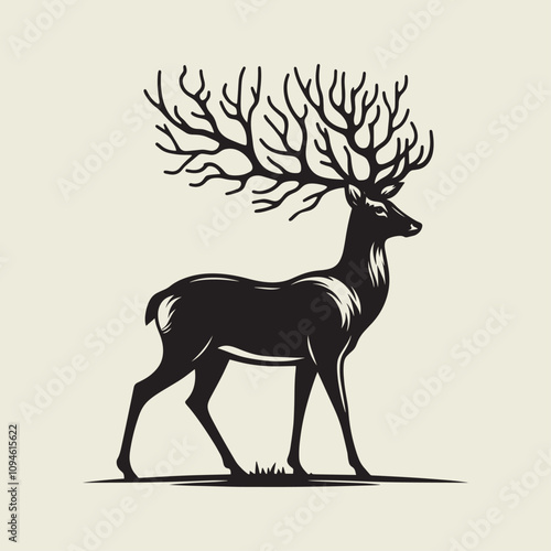 A drawing of a deer with antlers. Deer Silhouette with a beige background.