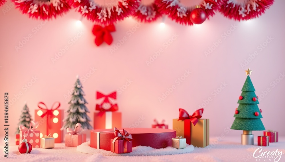 Red Christmas gift boxes with a red podium surrounded by snow and a miniature Christmas tree on a pink background. Red Christmas gift boxes with a red podium surrounded by snow and a miniature Christmas tree on a pink background.