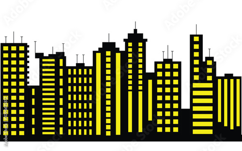 Modern cityscape silhouette with bright yellow windows, vector illustration