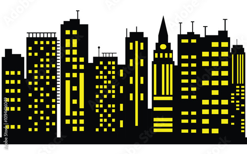 Nighttime Urban Skyline Silhouette with Yellow Illuminated Windows