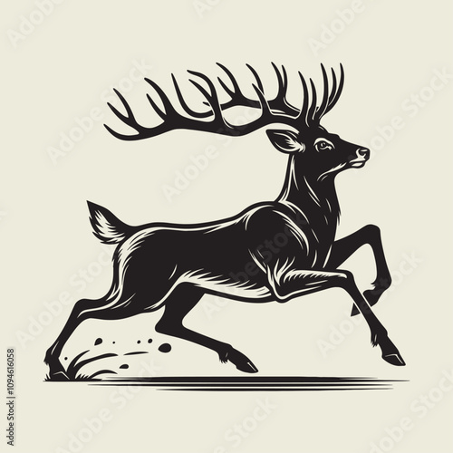 A drawing of a deer with antlers. Deer Silhouette with a beige background.