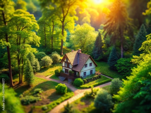 Enchanting Tilt-Shift View of a Cozy House Nestled in Lush Woods Surrounded by Tranquil Nature, Perfect for Evoking a Sense of Peace and Seclusion in Scenic Landscapes