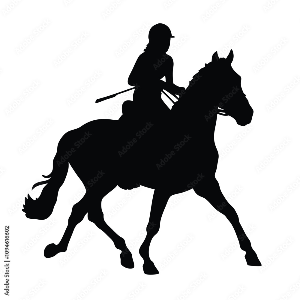 Naklejka premium A woman is riding a horse. The horse is black. The woman is wearing a helmet