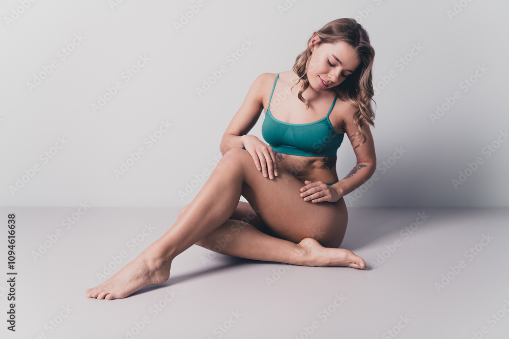 Fototapeta premium No filter full length studio photo of slim sexy woman underwear enjoying soft skin copy space isolated white color background
