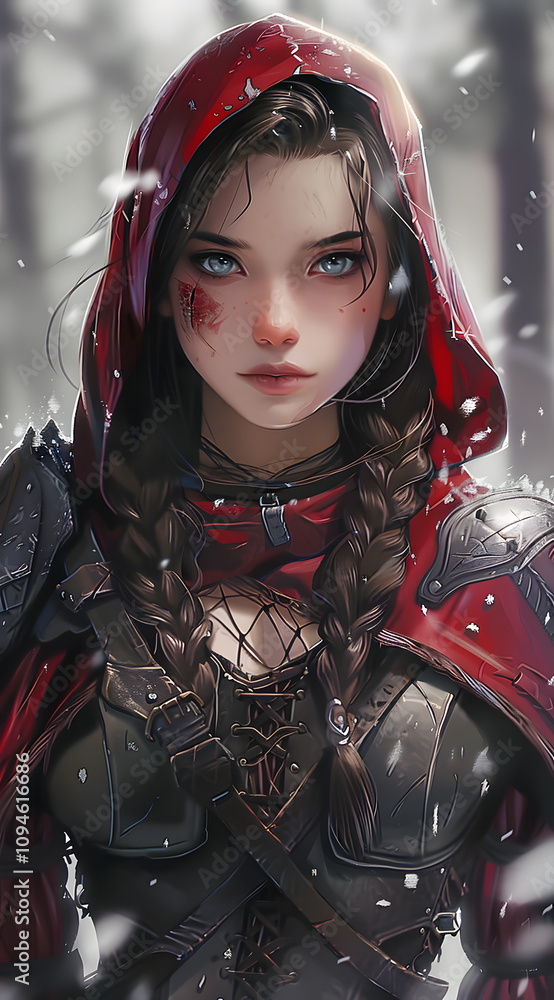 A fantasy anime girl wearing a red riding hood, she has long brown hair with braids, her eyes have an ancient look to them, there is snow in the background, Generative AI A fantasy anime girl wearing a red riding hood, she has long brown hair with braids, her eyes have an ancient look to them, there is snow in the background, Generative AI