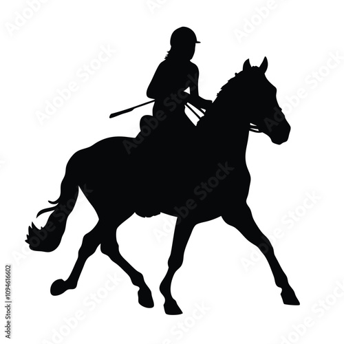 A woman is riding a horse. The horse is black. The woman is wearing a helmet
