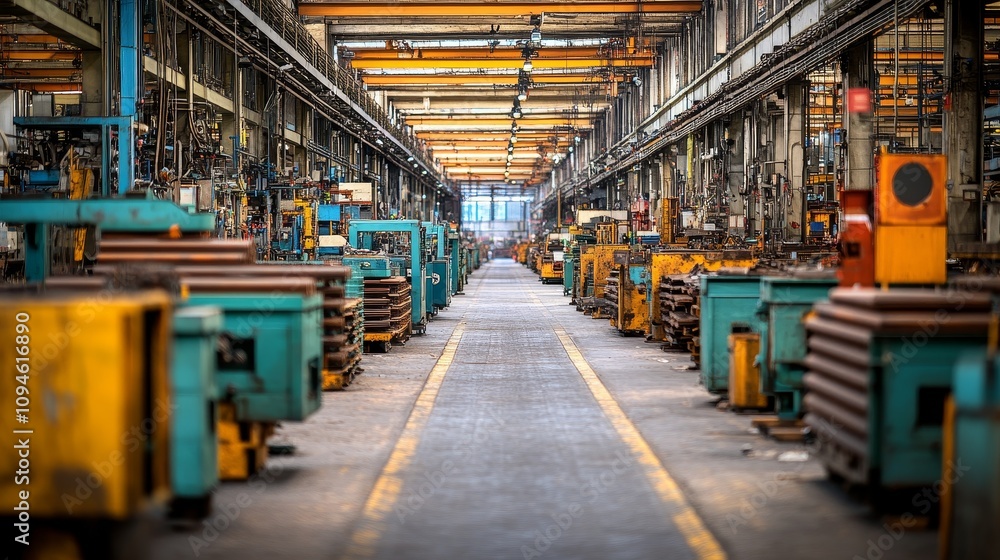 A Long, Empty Factory Floor Lined with Machinery A Long, Empty Factory Floor Lined with Machinery