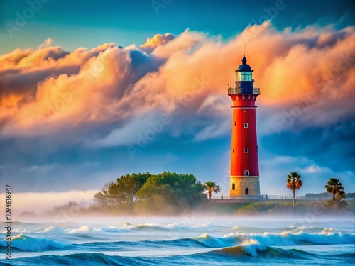 Enigmatic Lighthouse Rising from Sea Fog at Ponce Inlet, Florida, Illuminating the Misty Horizon with Serene Coastal Vibes and Soft Waves Lapping at the Shoreline