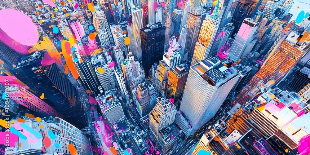 Fototapeta premium Vibrant aerial view of a dense cityscape, showcasing colorful buildings and bustling streets. Ideal for urban, modern, and technology themes.