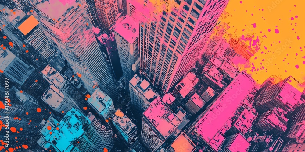 Vibrant aerial view of a city skyline, stylized with bold pink and blue hues. Modern architecture and urban energy. Vibrant aerial view of a city skyline, stylized with bold pink and blue hues. Modern architecture and urban energy.