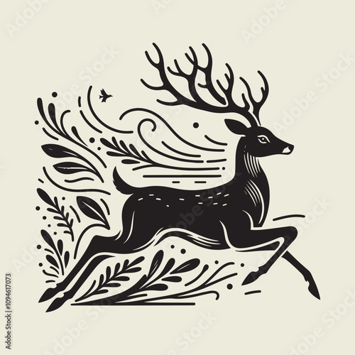 A drawing of a deer with antlers. Deer Silhouette with a beige background.
