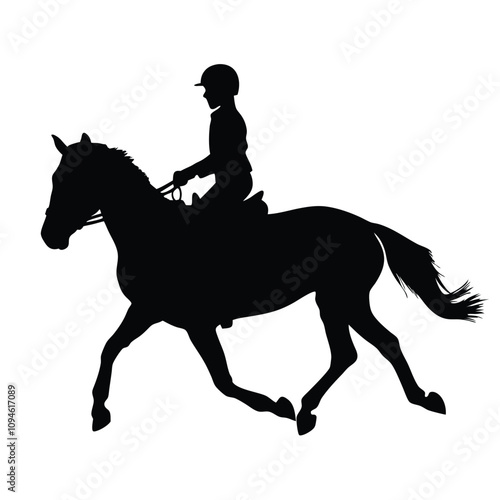 A woman is riding a horse. The horse is black. The woman is wearing a helmet