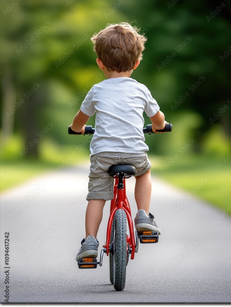 Young Child Riding a Red Bicycle on a Sunny Day in the Park Surrounded by Lush Greenery and Trees