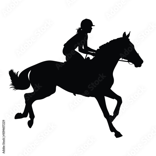 A woman is riding a horse. The horse is black. The woman is wearing a helmet