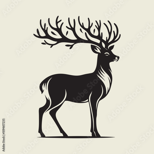 A drawing of a deer with antlers. Deer Silhouette with a beige background.