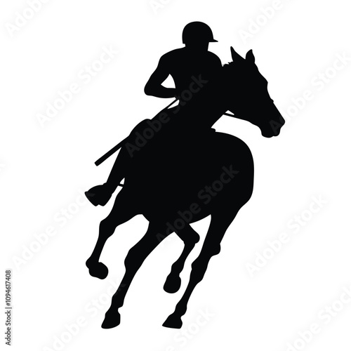 A woman is riding a horse. The horse is black. The woman is wearing a helmet