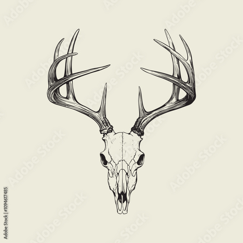 A drawing of a deer with antlers. Deer Silhouette with a beige background.